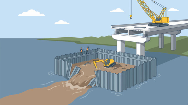 Construction of a bridge over water with a cofferdam, excavator, and crane, showing the process of dewatering and foundation work for a new highway.
