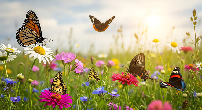 Colorful butterflies fluttering over a sunny summer meadow with blooming wildflowers butterfly butterflies wildflowers blooming wildlife colorful sunlight outdoors environment landscape