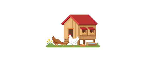 Cute cartoon chicken coop with two chickens and nature elements © grendel