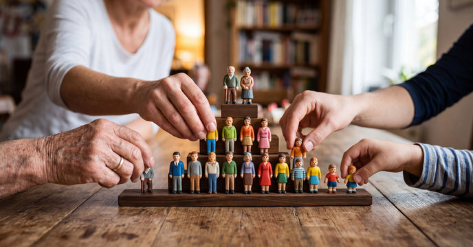 Demographic change concept with family generations and hands.