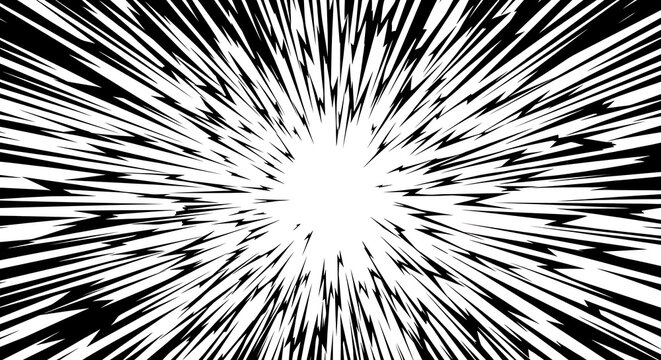 Monochrome black and white radial comic book action speed lines with monochrome background dramatic abstract