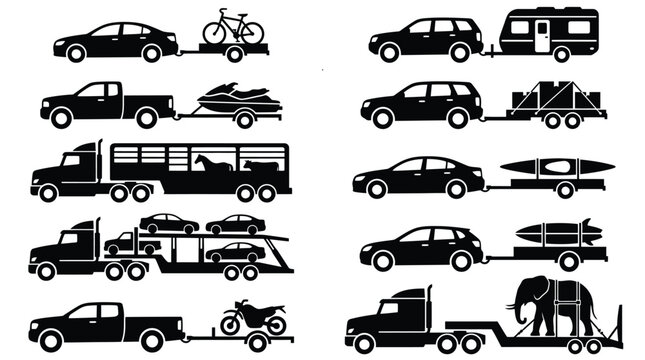 Black silhouette icons of various vehicles pulling trailers and cargo on a clean white background