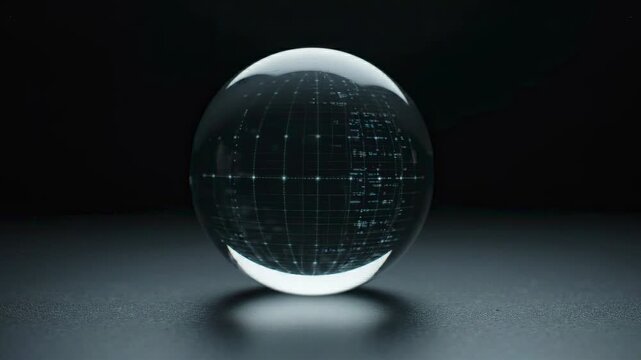 Data driven insights reflected in transparent glass sphere with futuristic digital grid and technology patterns on dark surface