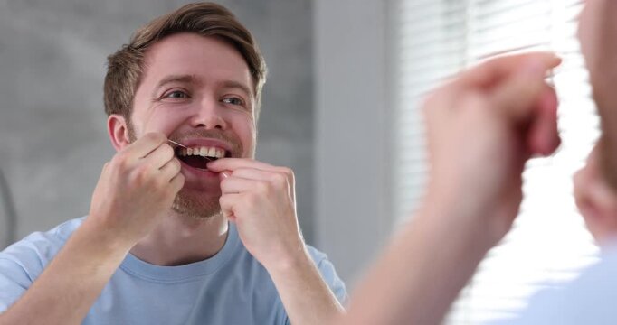 Man using dental floss near mirror indoors. Oral hygiene