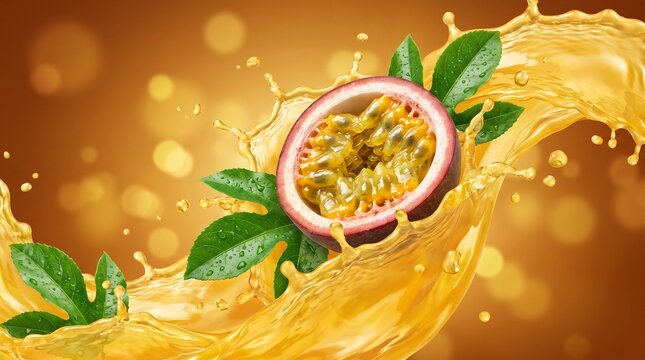 Fresh Passion Fruit Half with Vibrant Juice Splash and Green Leaves on a Warm Bokeh Background.