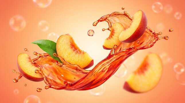 Fresh Peach Slices Splashing in Orange Juice Stream.