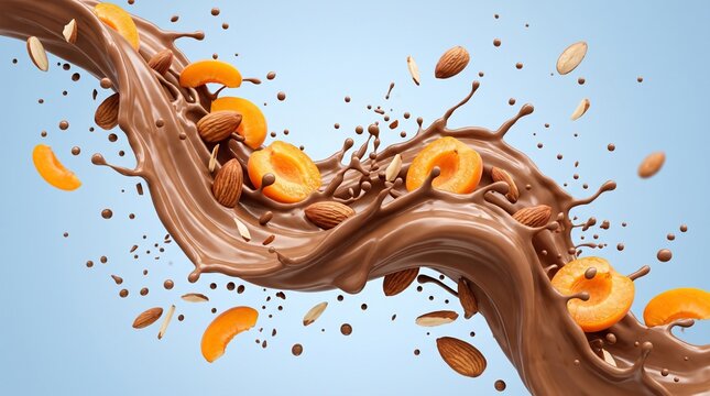 Liquid Chocolate Splash with Fresh Apricot Slices and Whole Almonds on Blue Background.
