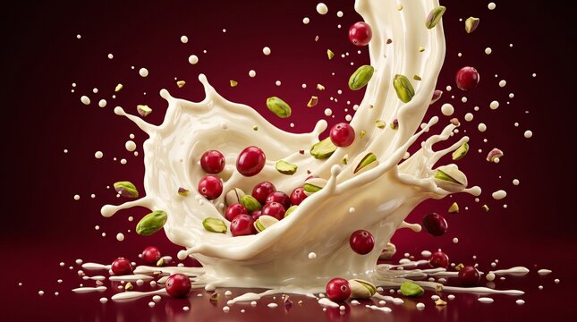 Milk Splash with Fresh Cranberries and Green Pistachios on Dark Background.