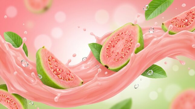 Pink guava fruit slices splashing in fresh juice wave with green leaves.