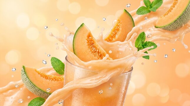 Refreshing Cantaloupe Melon Juice Splash with Fresh Mint Leaves.