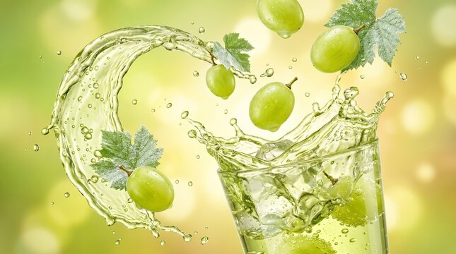 Refreshing Green Grape Juice Splash with Fresh Grapes and Leaves.