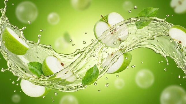 Refreshing Green Apple Slices Splashing in Clear Water Stream with Bubbles.