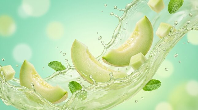 Refreshing Honeydew Melon Slices Splashing in Cool Water with Mint Leaves.