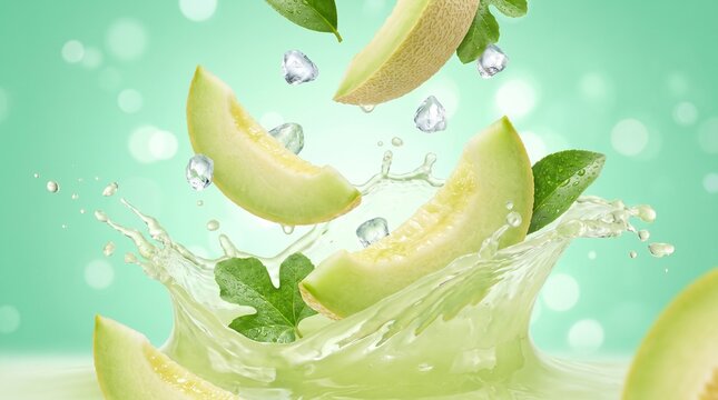 Refreshing Honeydew Melon Slices Splashing into Cool Water with Ice Cubes and Green Leaves.