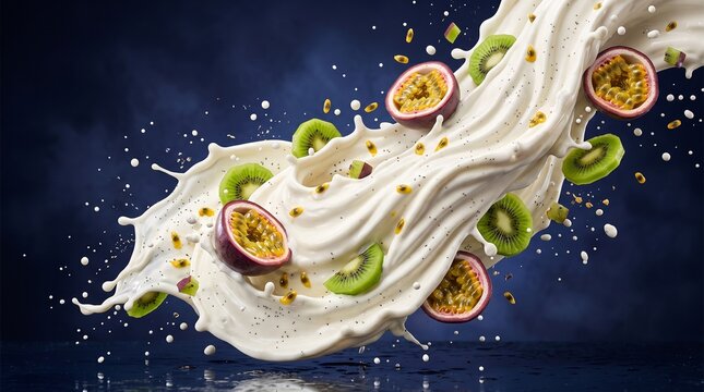 Splashing milk or cream with fresh kiwi and passion fruit slices on dark blue background.