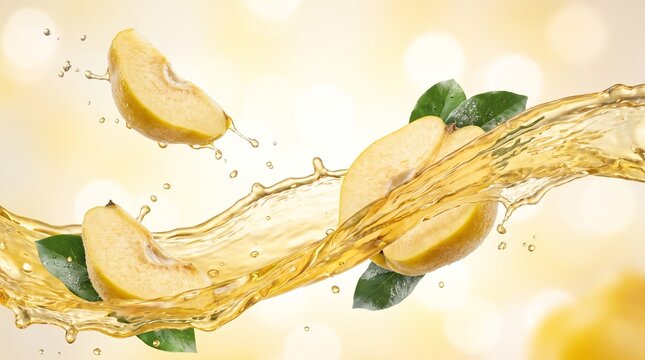 Sliced yellow apples splashing in golden juice wave with leaves.