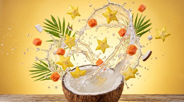 Tropical Fruit Splash - Coconut, Carambola, and Kumquat with Water Splashes.