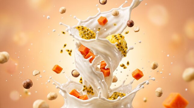 Swirling white milk splash with tropical papaya and passion fruit pieces.