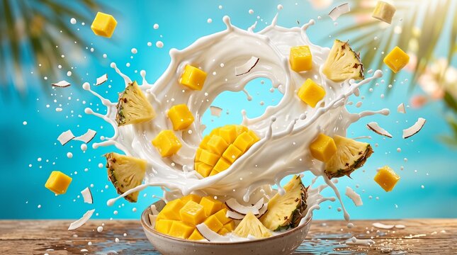 Tropical Fruit Splash with Mango and Pineapple in Milk.