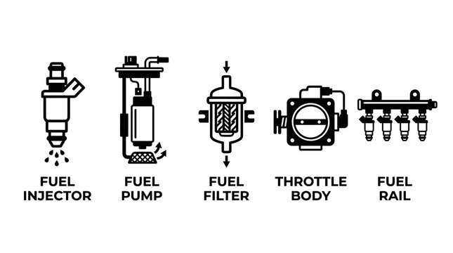 Automotive Fuel System Components Icon Set Line Art Illustration.