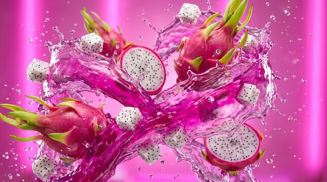 Vibrant Dragon Fruit Splash with Juicy Cubes and Dynamic Liquid Motion.