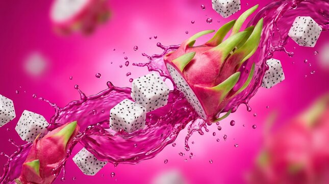 Vibrant Dragon Fruit Splash with Juicy Cubes on a Dynamic Pink Background.