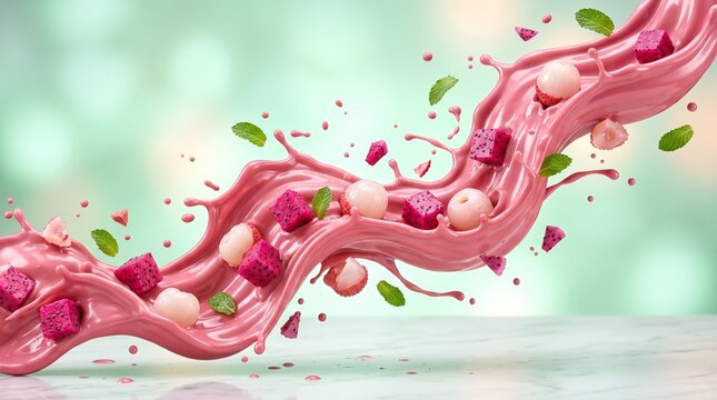 Vibrant pink berry smoothie splash with dragon fruit and mint.
