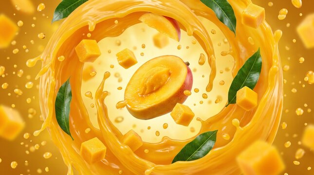 Vibrant mango juice swirl with fruit slices and green leaves.