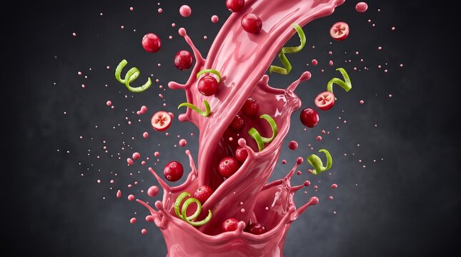 Vibrant splash of pink cranberry and lime smoothie.