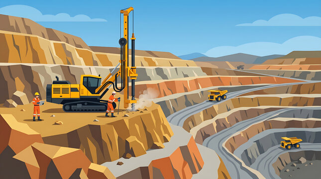 Industrial Open Pit Mining Site with Heavy Drilling Equipment and Workers in a Quarry