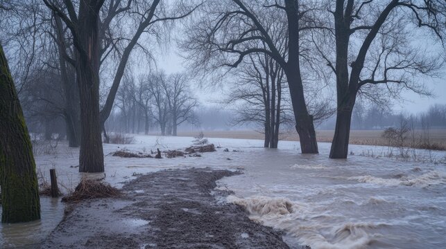 Floodwaters Creeping Over Rural Dirt Path With Mud And Debris