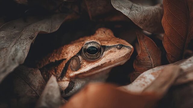A brown frog peeks out from within dried leaves, its large eye visible