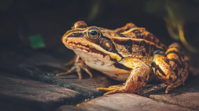 A close-up of a frog sitting on wood, with brown, yellow, and black markings, and a curious stare