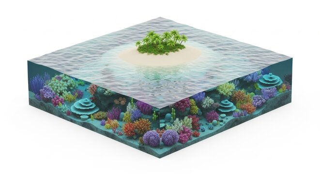 Ocean - 3D Cross Section Isometric View of Tropical Island with Palm Trees Above Vibrant Coral Reef Ecosystem