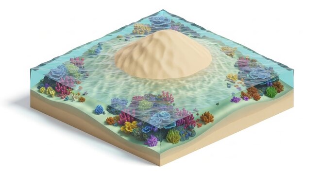 Ocean - Isometric 3D Coral Reef Ecosystem Cross Section with Sandy Island Mound and Colorful Marine Life