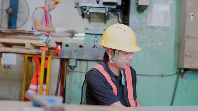 Two factory workers in hard hats and vests measure and inspect materials on a shop floor, using a level and clipboard near heavy machinery and pallets.