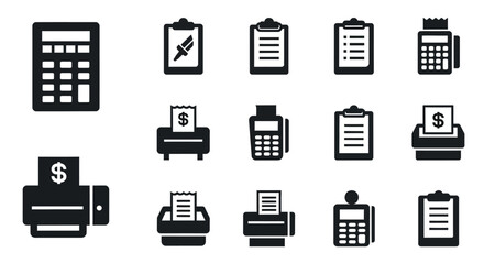 Fototapeta premium Set of black business and financial icons including calculators and payment terminals.