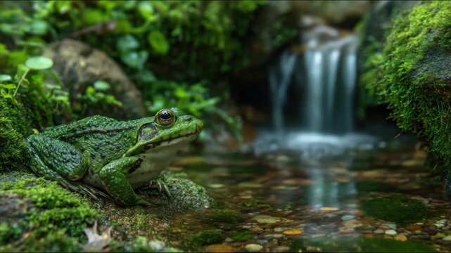 A vibrant green frog sits near a small waterfall in a lush, moss-covered stream