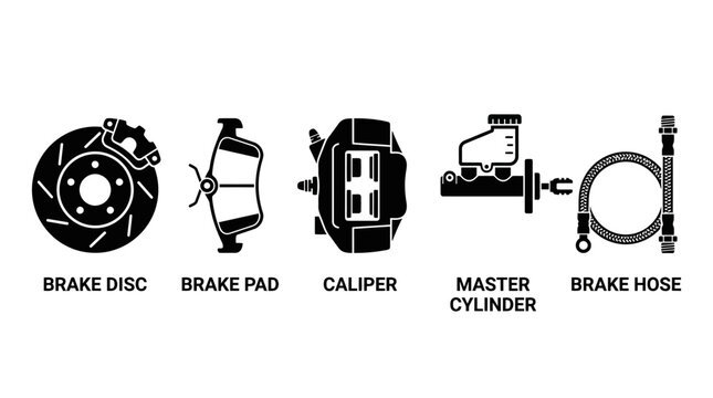 Set of automotive braking system components in flat vector style.