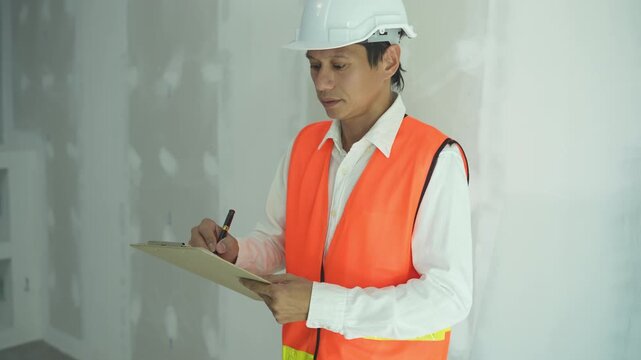 inspector or engineer is inspecting construction and quality assurance new house using a checklist. Engineers or architects or contactor work to build the house before handing it over to the homeowner