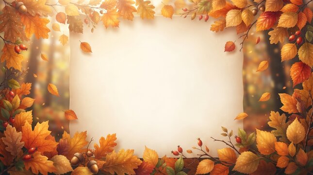An autumnal frame made of colorful leaves and acorns surrounding a blank piece of paper, with a soft, blurry background of a forest in autumn light.
