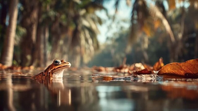 A frog peers from calm water with autumn leaves, surrounded by a blurred, sunny forest
