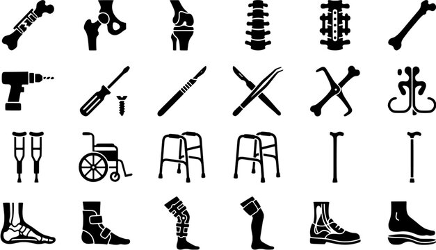 Orthopedic and surgical icon set in a flat black silhouette style including bones, implants, medical tools, mobility aids and rehabilitation equipment.