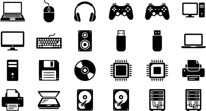 Computer hardware and electronics icon set in a flat black silhouette style including laptop, mouse, headphones, game controller, keyboard, disk drive and server.