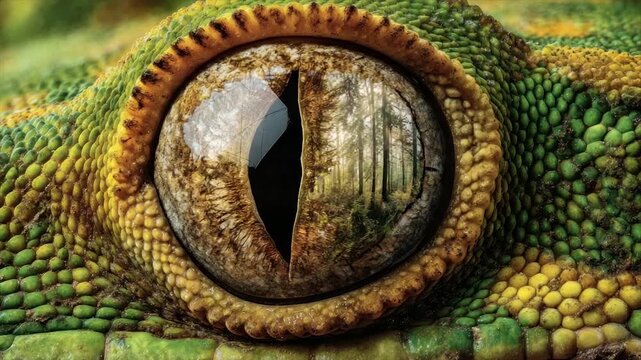 Close-up of reptile eye, reflecting a forest scene with detailed scales. Vibrant colors and textures