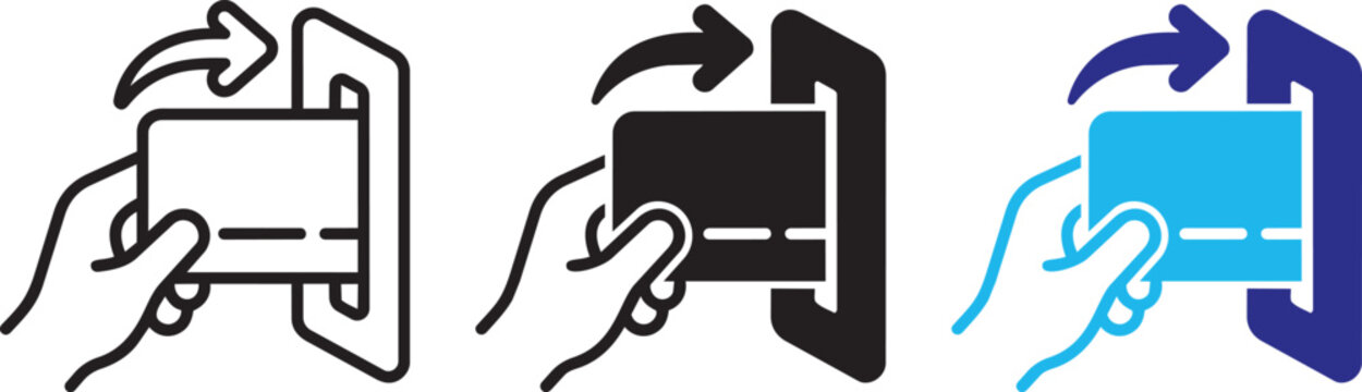Hand inserting credit card into reader machine icon set, payment transaction concept vector