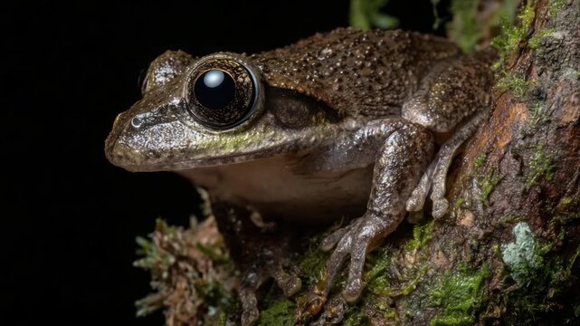 A macro shot of a brown frog perched on mossy wood, showcasing big, shiny eyes