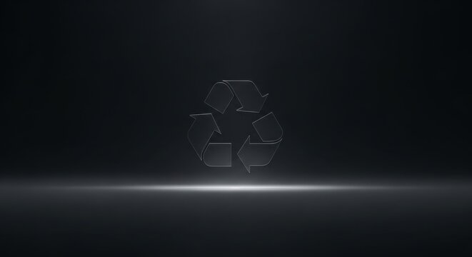 A glowing recycling symbol shines brightly on a dark background with a white light beam.