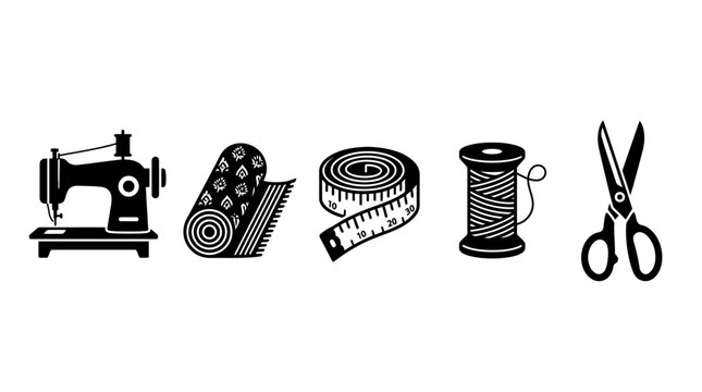 Set of sewing tools icons featuring sewing machine fabric tape measure spool and scissors.