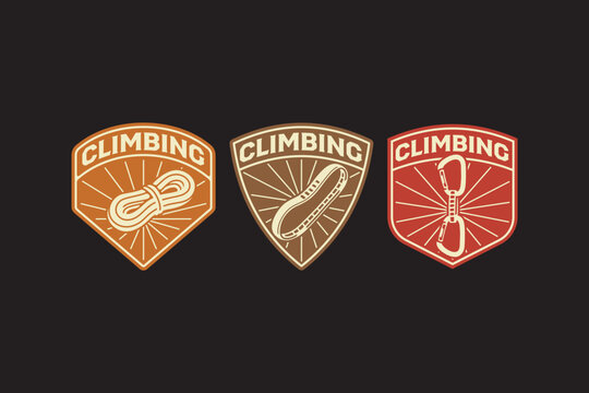 Climbing equipment retro badge design for extreme sport. Set of vintage rock climbing gear patch. Mountaineering rustic emblem logo with coiled rope, climbing sling and locking carabiner illustration